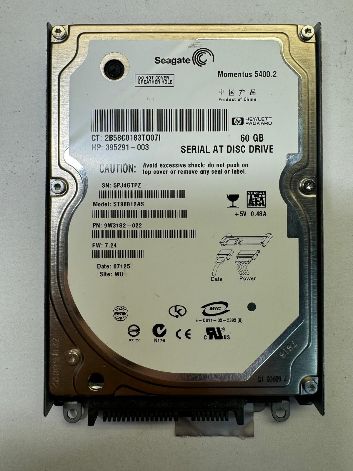 HP 395291-003 ST96812AS 9W3182 60GB 5.4K RPM 8MB CACHE 3Gb/s SATA 2.5" HDD