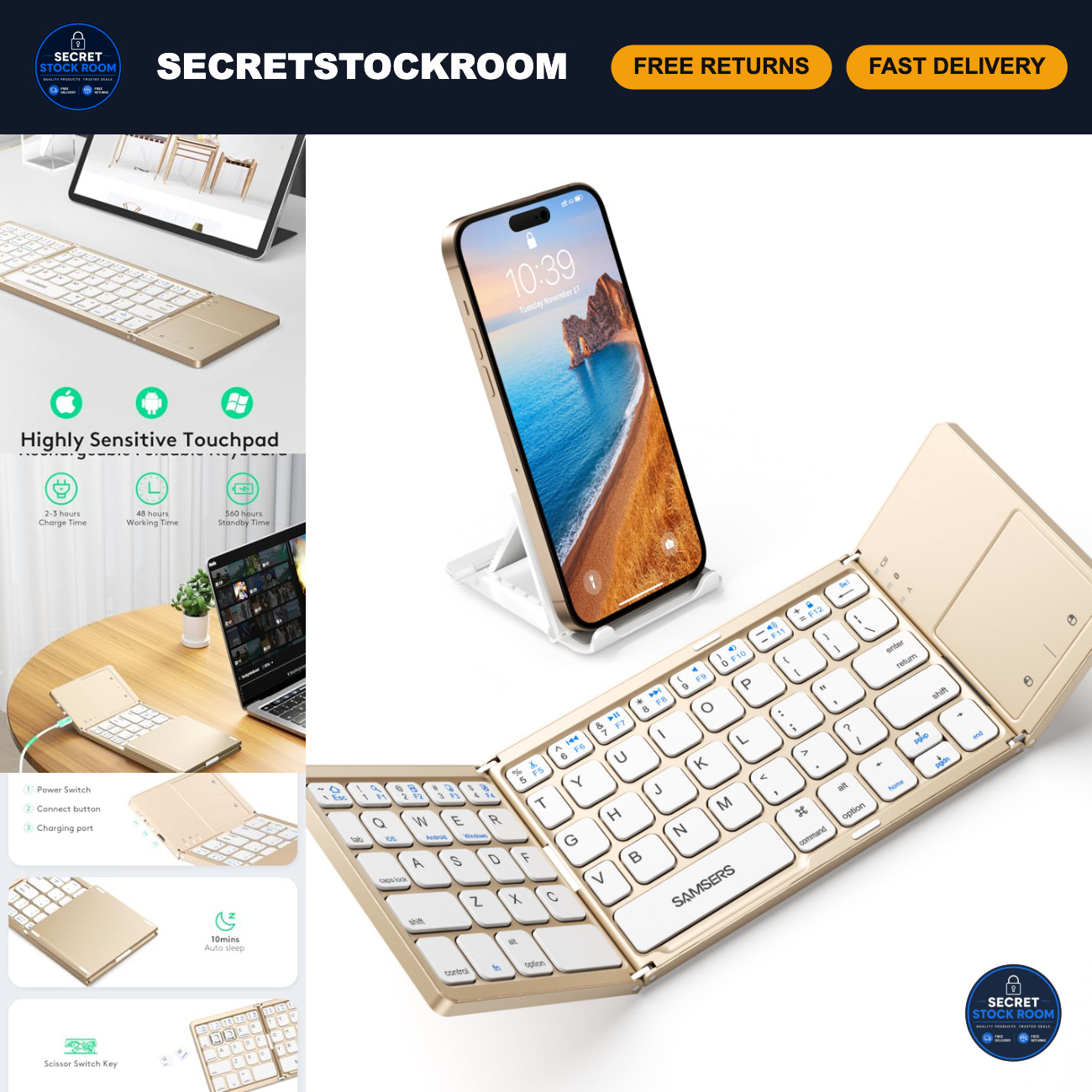 Foldable Bluetooth Keyboard with Touchpad, Ultra Slim Compact Design, Gold Color