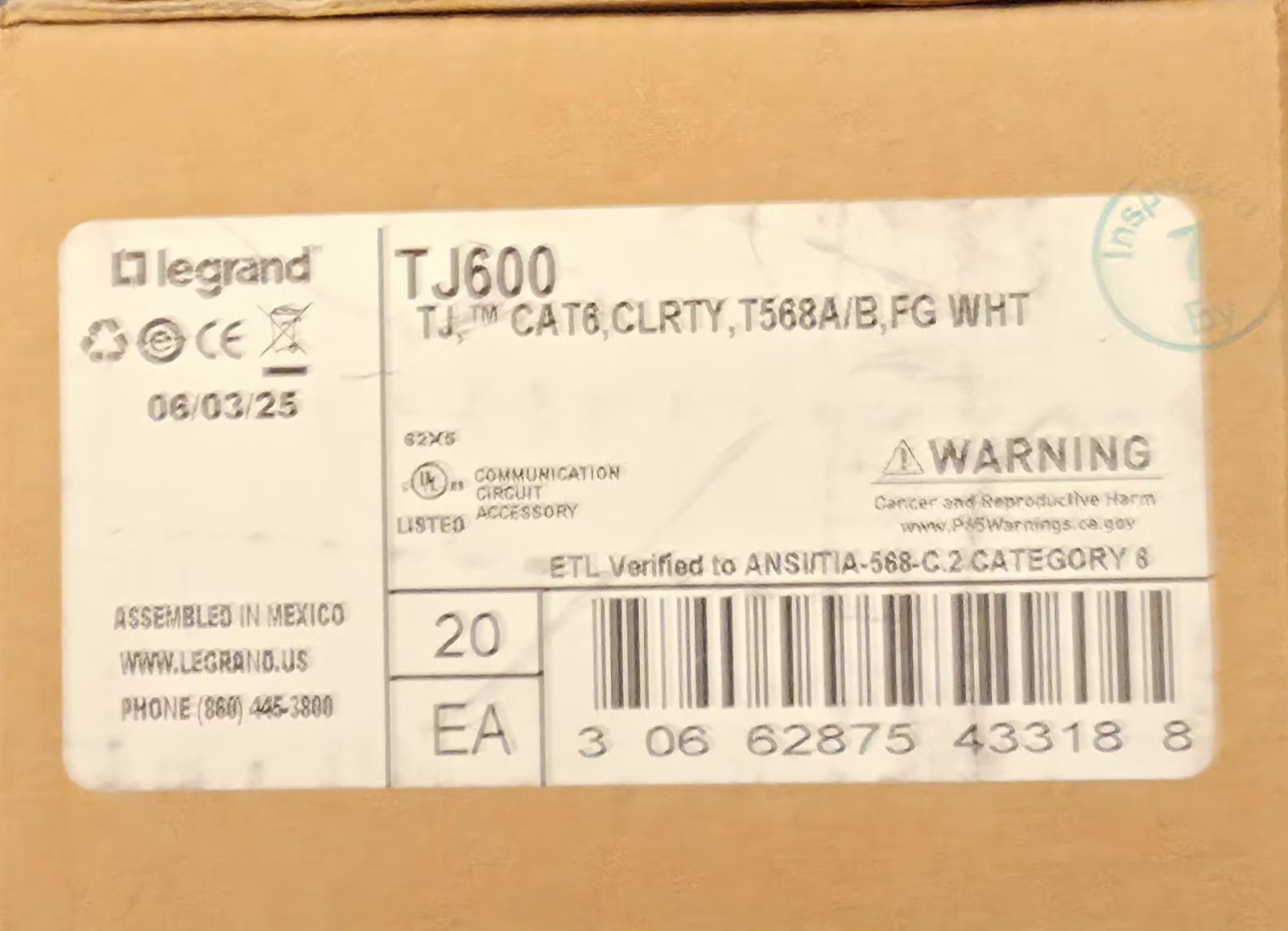 Legrand TJ600-88 Cat6 Clarity T568A/B 20-Pack