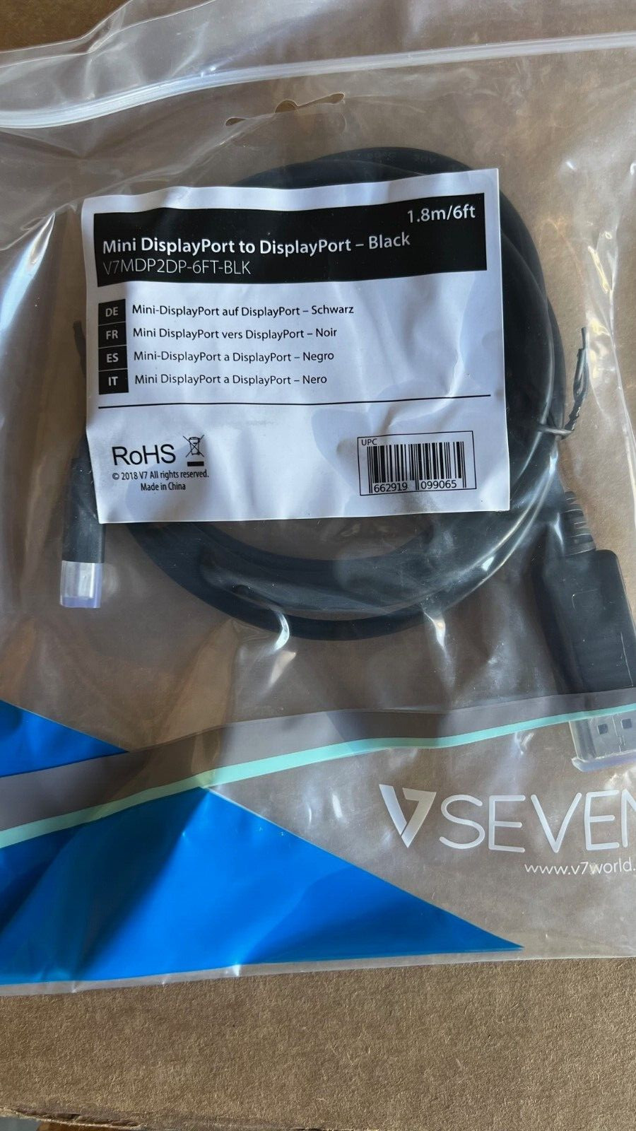 V7 1.8M Mini-Displayport to Displayport Cable - Black NEW