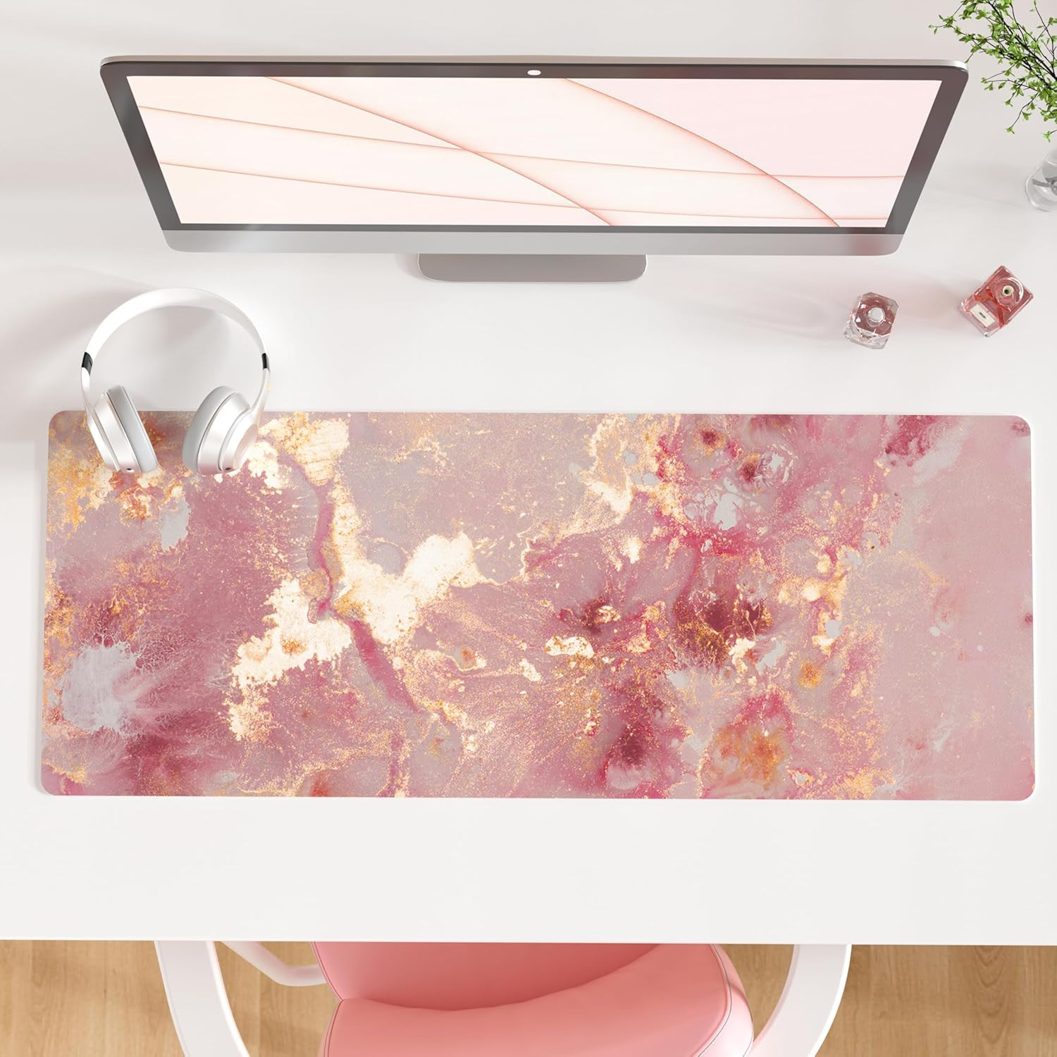 Large Mouse Pad, Cute Pink Desk Mat for Desktop, Women Girls PU Leather Waterpro