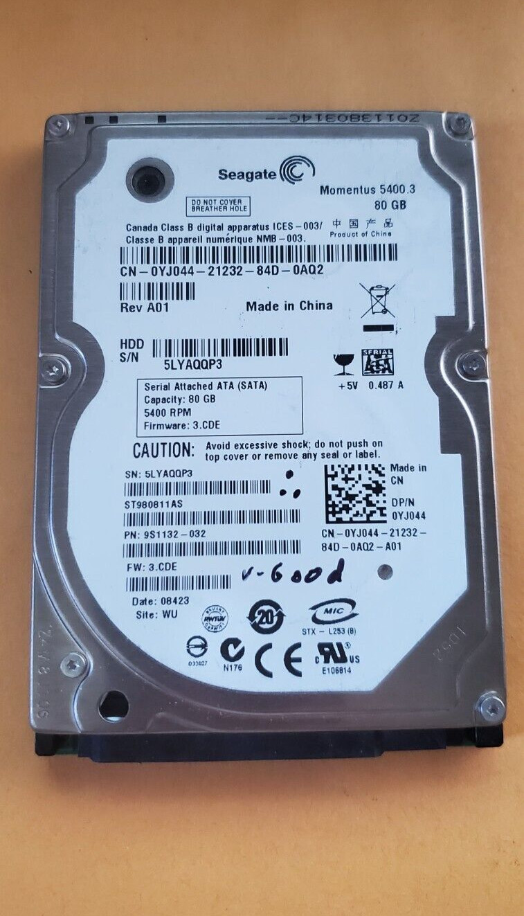 Seagate 80GB Laptop Internal Hard Drive 2.5" SATA 5400RPM HDD ST980811AS ITSHLF