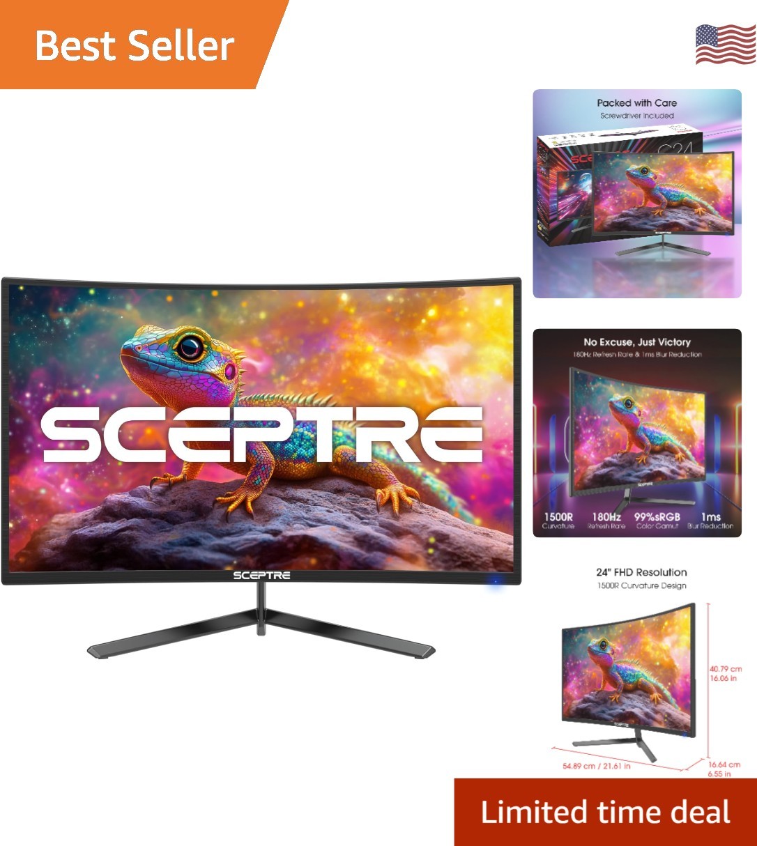 Experience Immersive Gaming with 24-Inch 180Hz Curved Monitor, Built-in Speakers