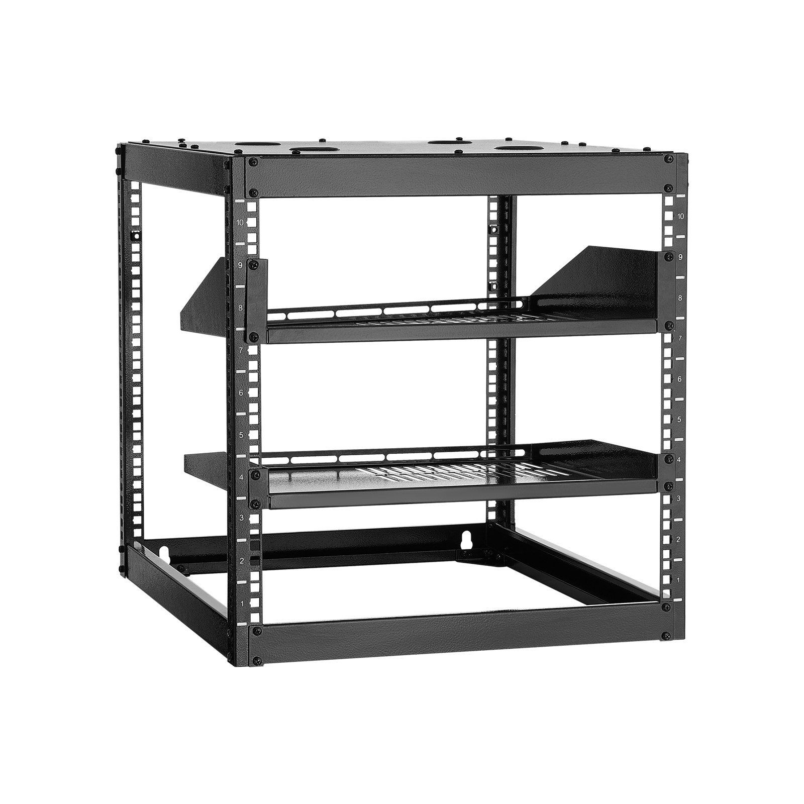 10U 23in Deep 4-Post Open Rack & Vented Shelves for IT&AV Equipment