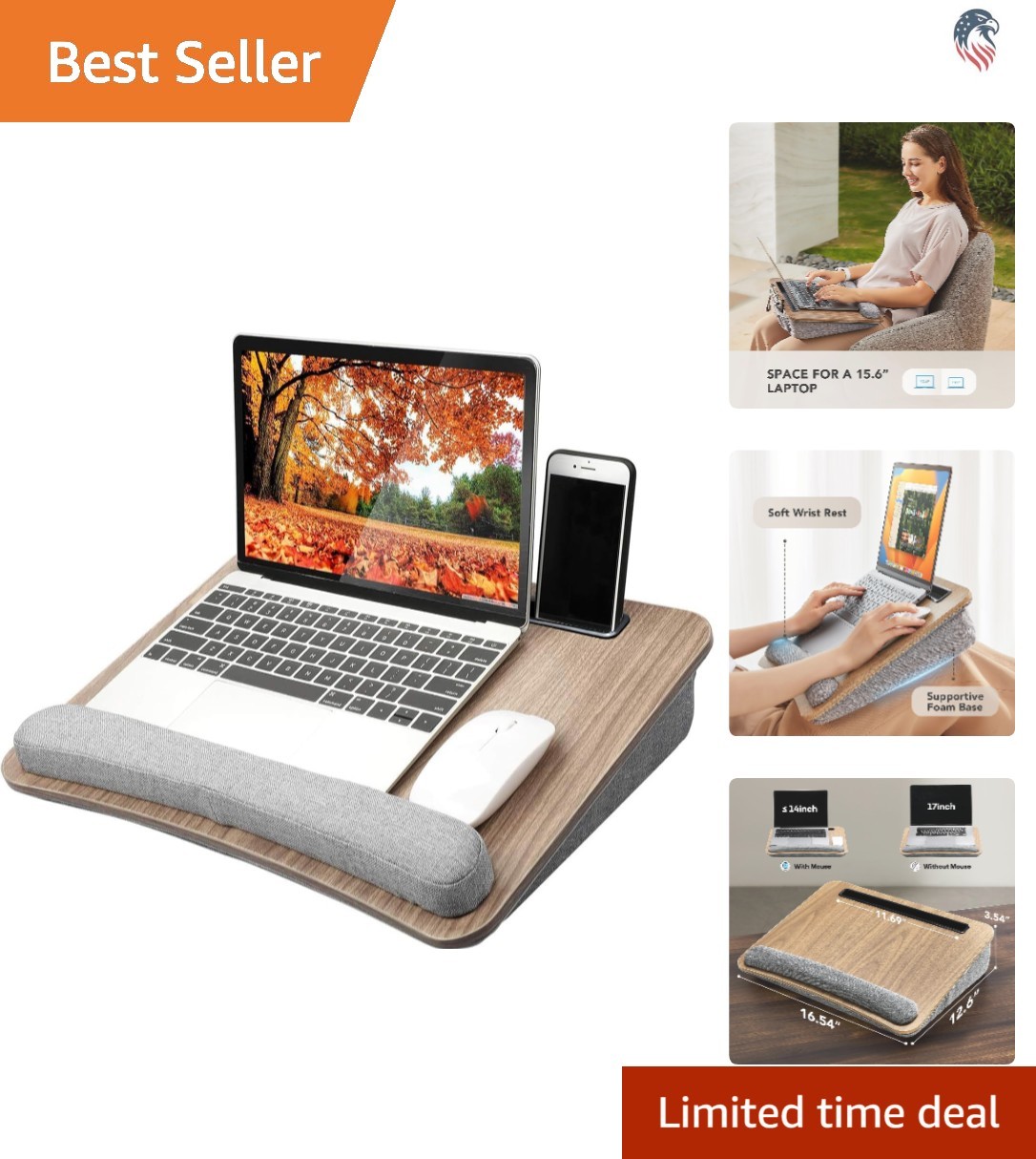 Laptop Lap Desk Compatible with 15.6 Inch Laptops Wooden Cushion Portable wit...
