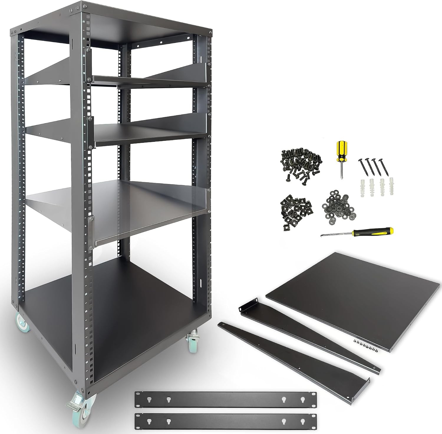AxcessAbles 22U Open Frame Network & AV Rack with Caster Wheels Three 2U
