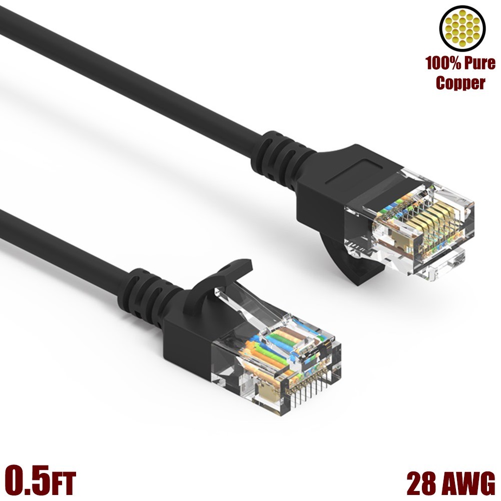 0.5-50FT Cat6A RJ45 SLIM Ethernet LAN Network UTP Cable Copper Wire 28AWG Black