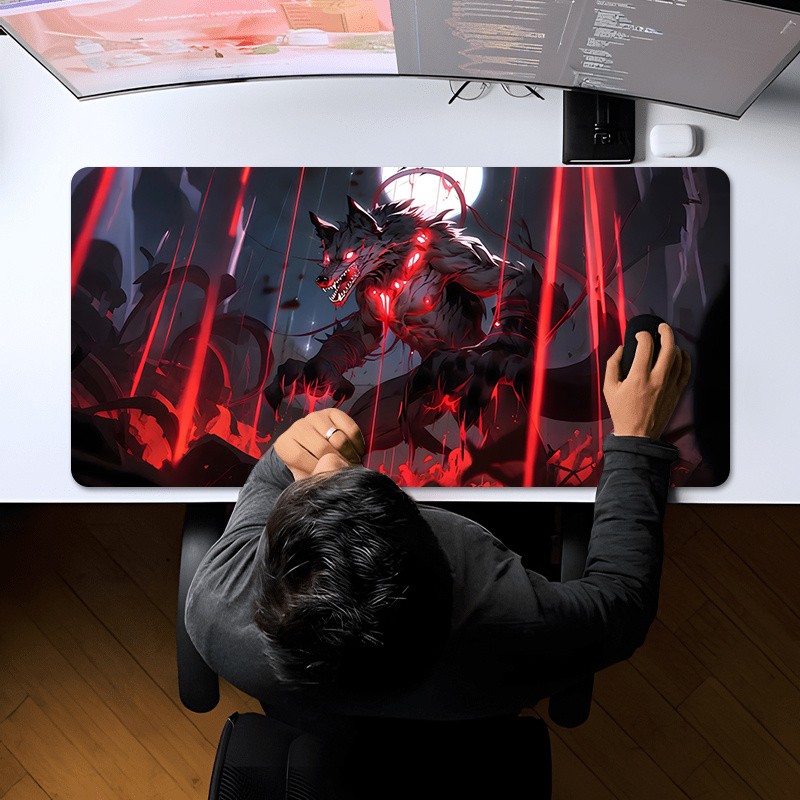Extended Fire Wolf Gaming Mouse Pad - 35.4 x 15.7 inch desktop pad with aggres