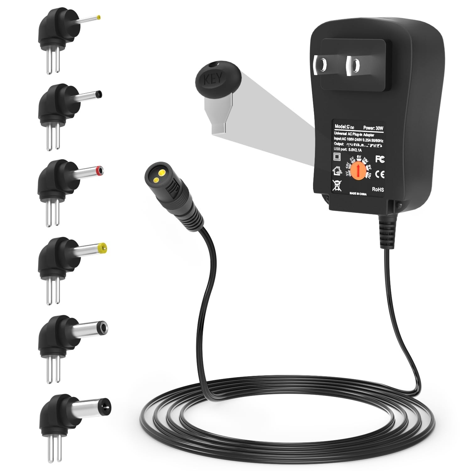 Universal 30W AC DC Adapter Charger, Adjustable 3V-12V, USB Port, 6 Tips for LED