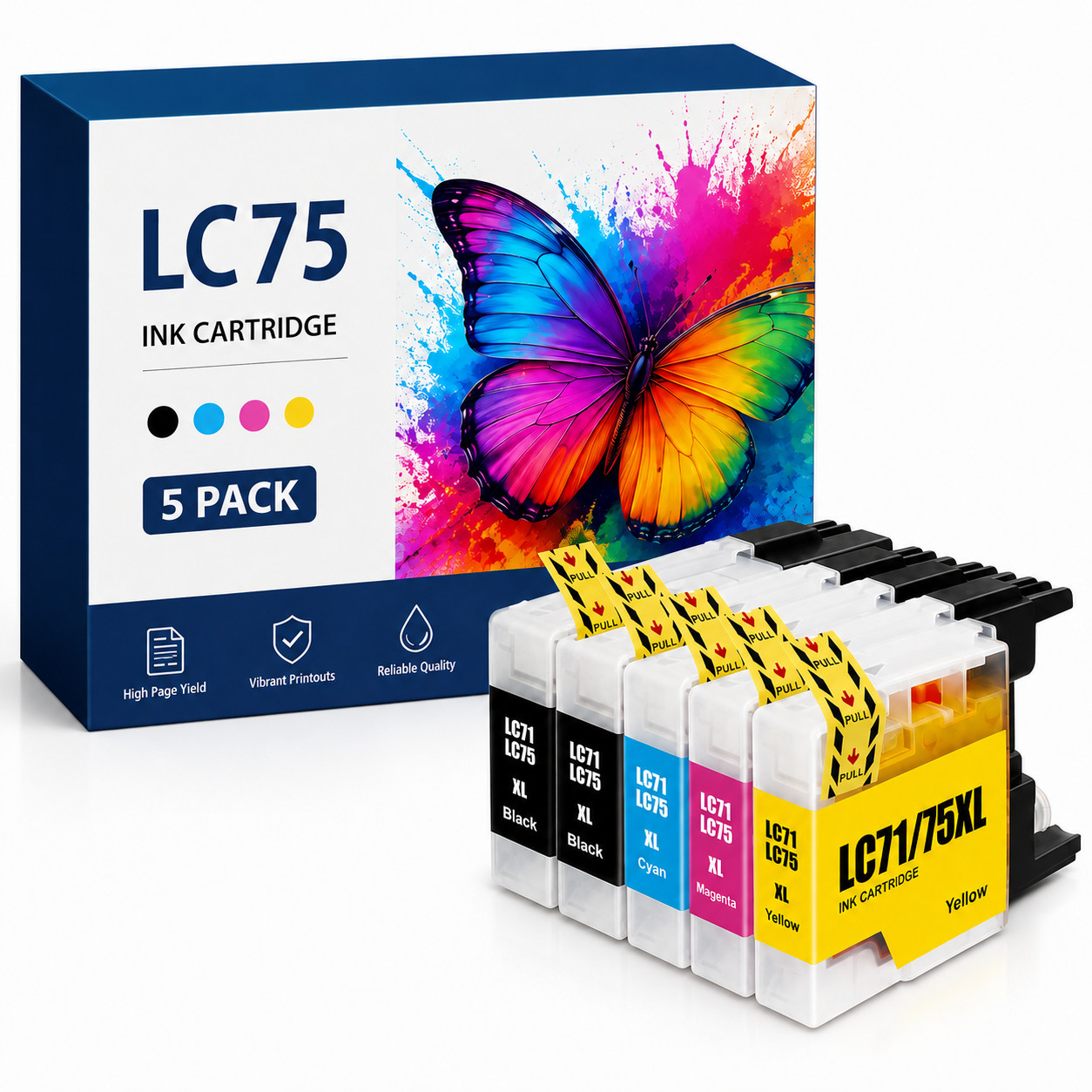 LC75 (5Pack-2BK/C/M/Y) High Yield Ink Cartridge Replacement for Brother LC71 Ink