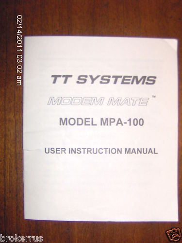 Owners Manual for MODEM MATE MPA-1OO tt systems Users Guide directions recording