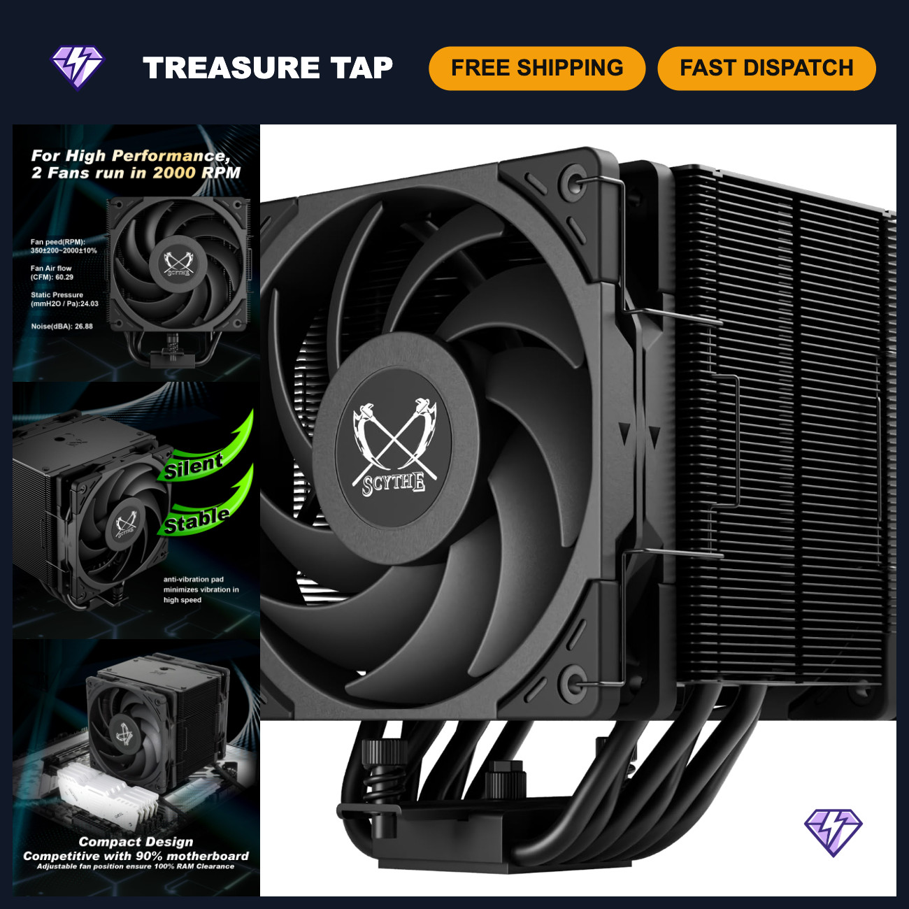 High-Performance CPU Air Cooler, Dual Fan, Intel LGA1700/1151, AMD AM5/AM4, 120m
