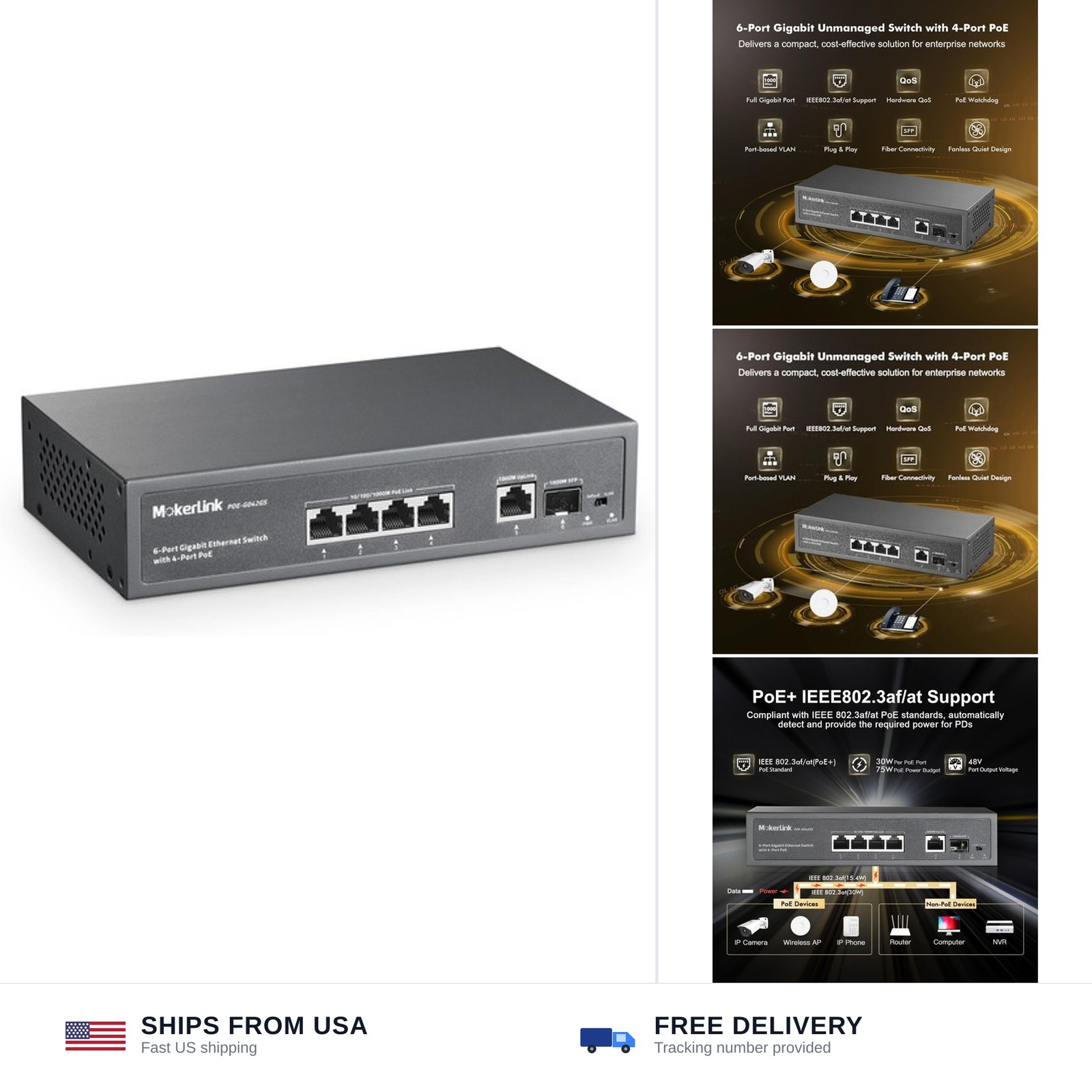 MokerLink 4 Port PoE Switch, 1 Gigabit Uplink, 1 SFP, IEEE802.3af/at 75W, PoE...