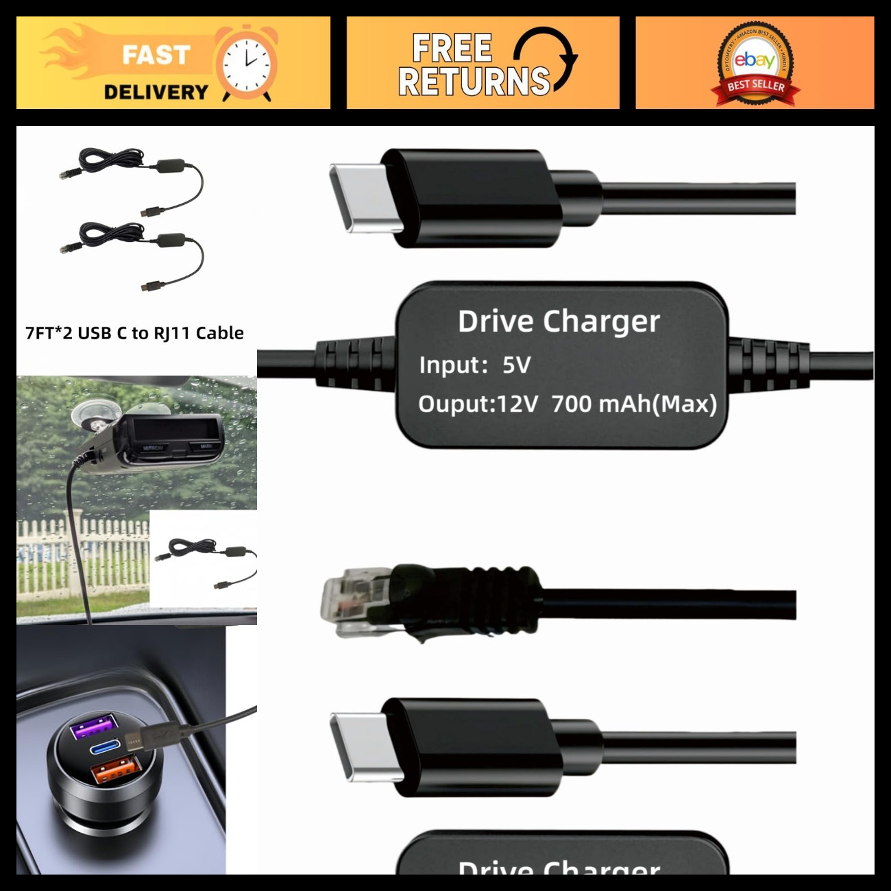 7FT USB C to RJ11 Power Cord Cable for Radar Detectors - Escort, Valentine One,