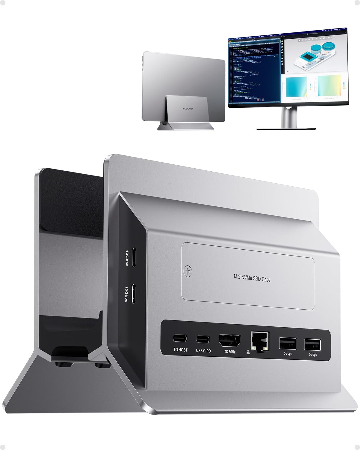 New - Pulwtop 11-in-1 Vertical USB-C Docking Station with M.2 NVME Slot(Gray)