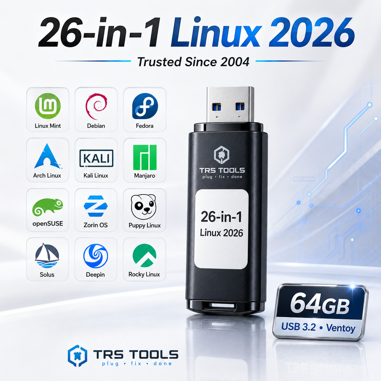 64GB Linux USB 3.2 Multiboot Drive | 26 Distros for Live Boot & Learning