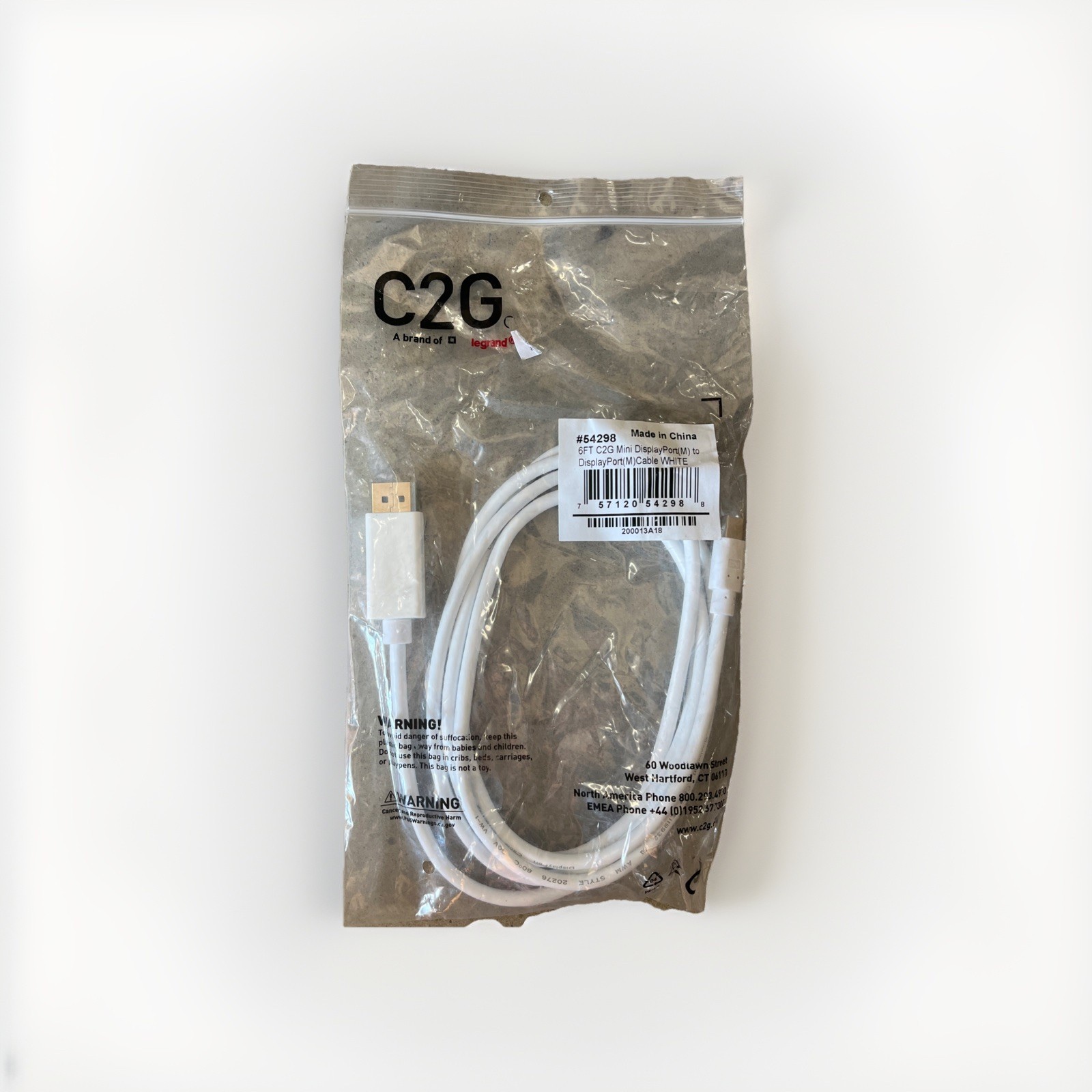C2G #54298 6ft Mini DisplayPort (m) To Display(m) Cable WHITE