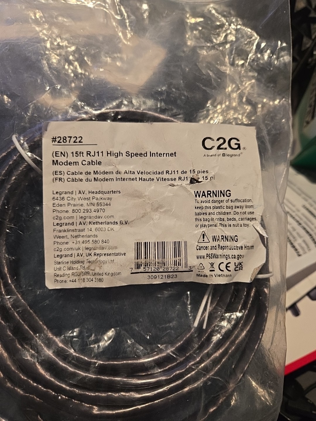 C2G 15ft (4.6m) RJ11 High Speed Internet Modem Cable - transparent blue