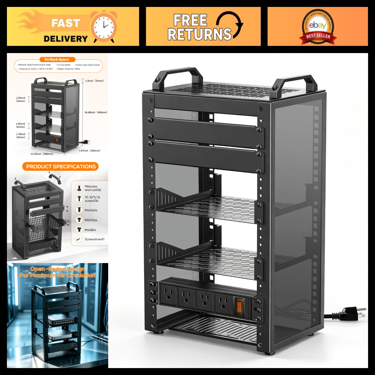10" Mini Server Rack 9U, Compact Network Rack with PDU Power Supply, Space-Savin