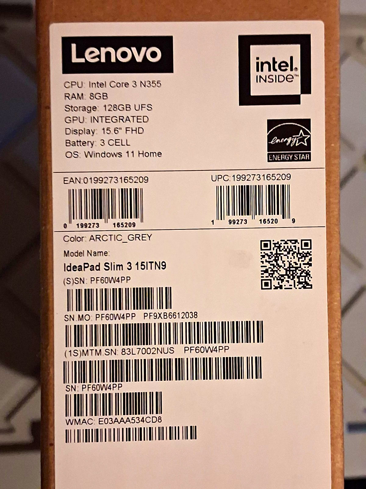 Lenovo IdeaPad Slim 3 15ITN9 15.6" Core 3 N355 8GB 128GB UFS Win11 Grey