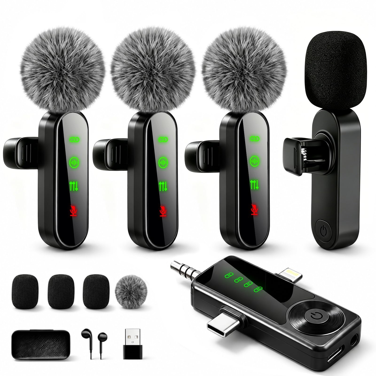 Gicorino 4 Packs Wireless Lavalier Microphone for 2, Black