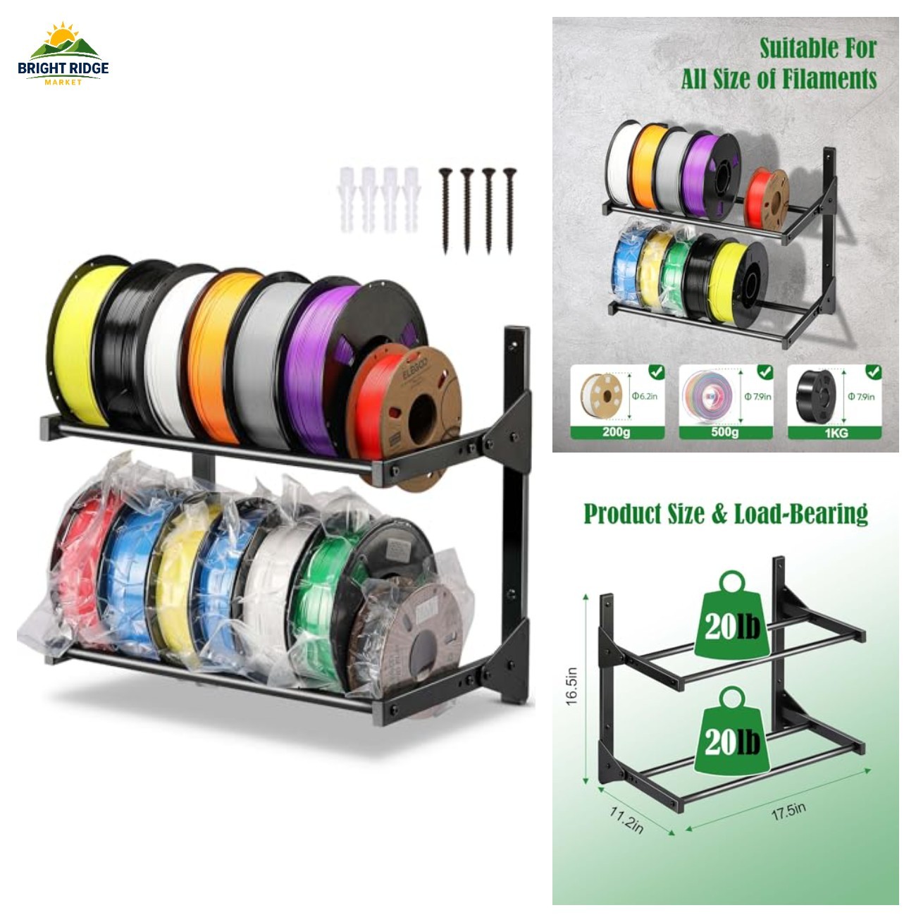 Wall Mount 3D Printer Filament Storage Rack 2 Tier Heavy Duty Metal Black