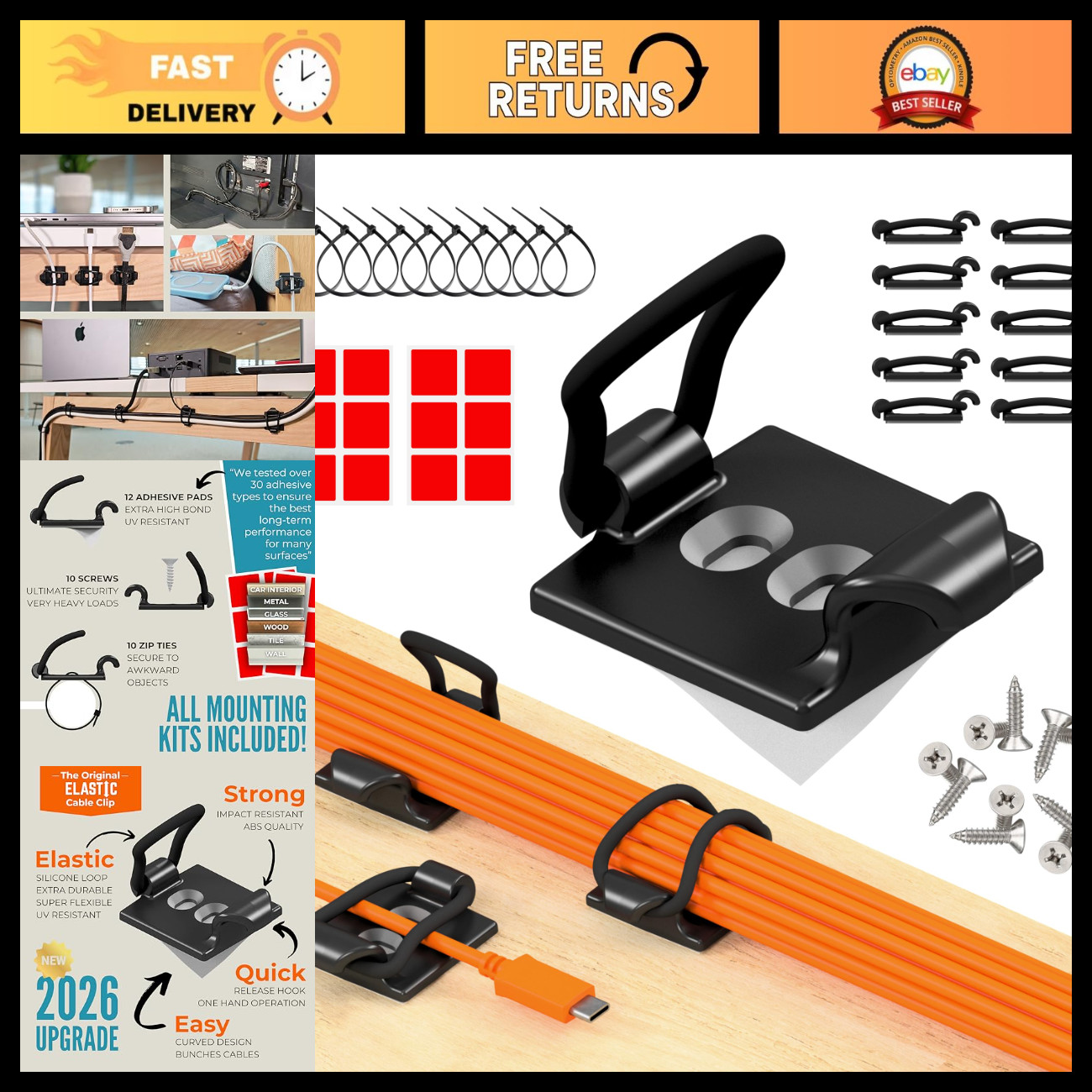 10-Pack Adjustable Elastic Cable Clips - Wire Management Holder for Home/Office,
