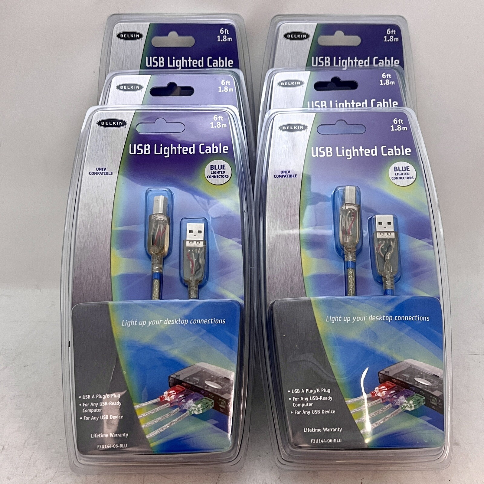 6pcs Belkin Translucent Blue Light USB Lighted Cable 6ft  F3U144-06-BLU