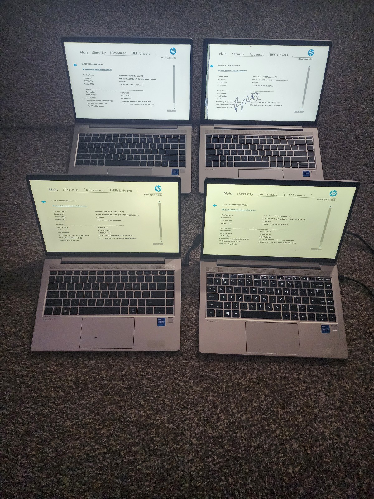 LOT OF 4  HP ProBook 640 G8 i7-1135G7  NO RAM, CRACKED LCD'S BOOTED PARTS/REPAIR