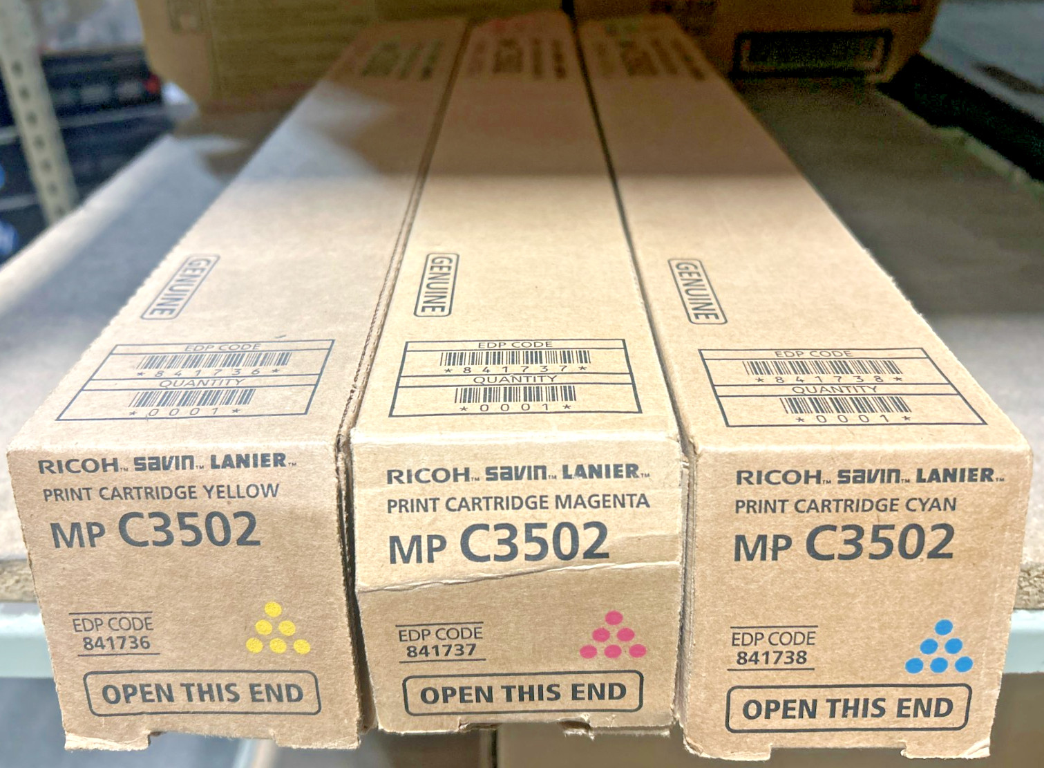 Set of Genuine Ricoh 841736 Yellow + 841737 Magenta + 841738 Cyan Toners