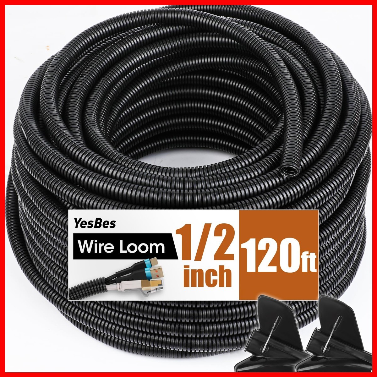 120 FT 1/2 Inch Split Wire Loom Tubing Wire Conduit Black