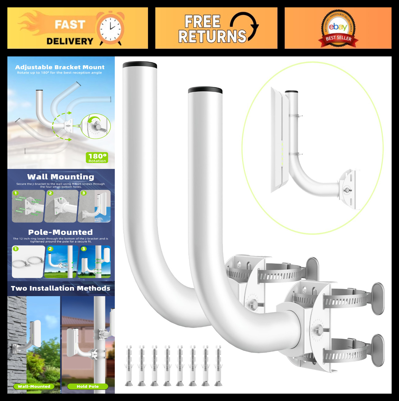 Universal Wireless Bridge Mounts 2-Pack, Adjustable J Pole for Outdoor Antenna &