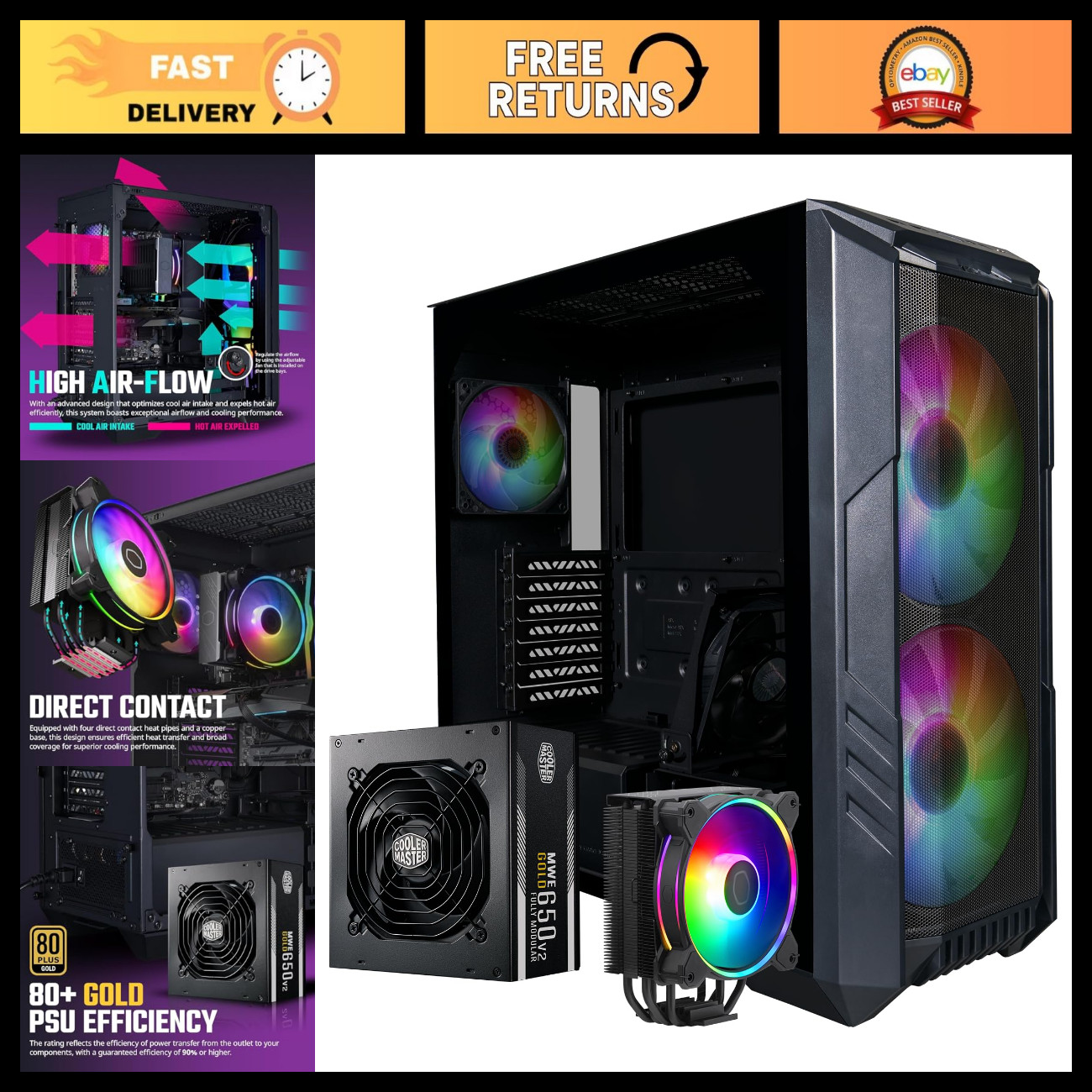 High Airflow ATX Mid-Tower PC Case Bundle with Dual 200mm ARGB Fans, PSU & CPU C