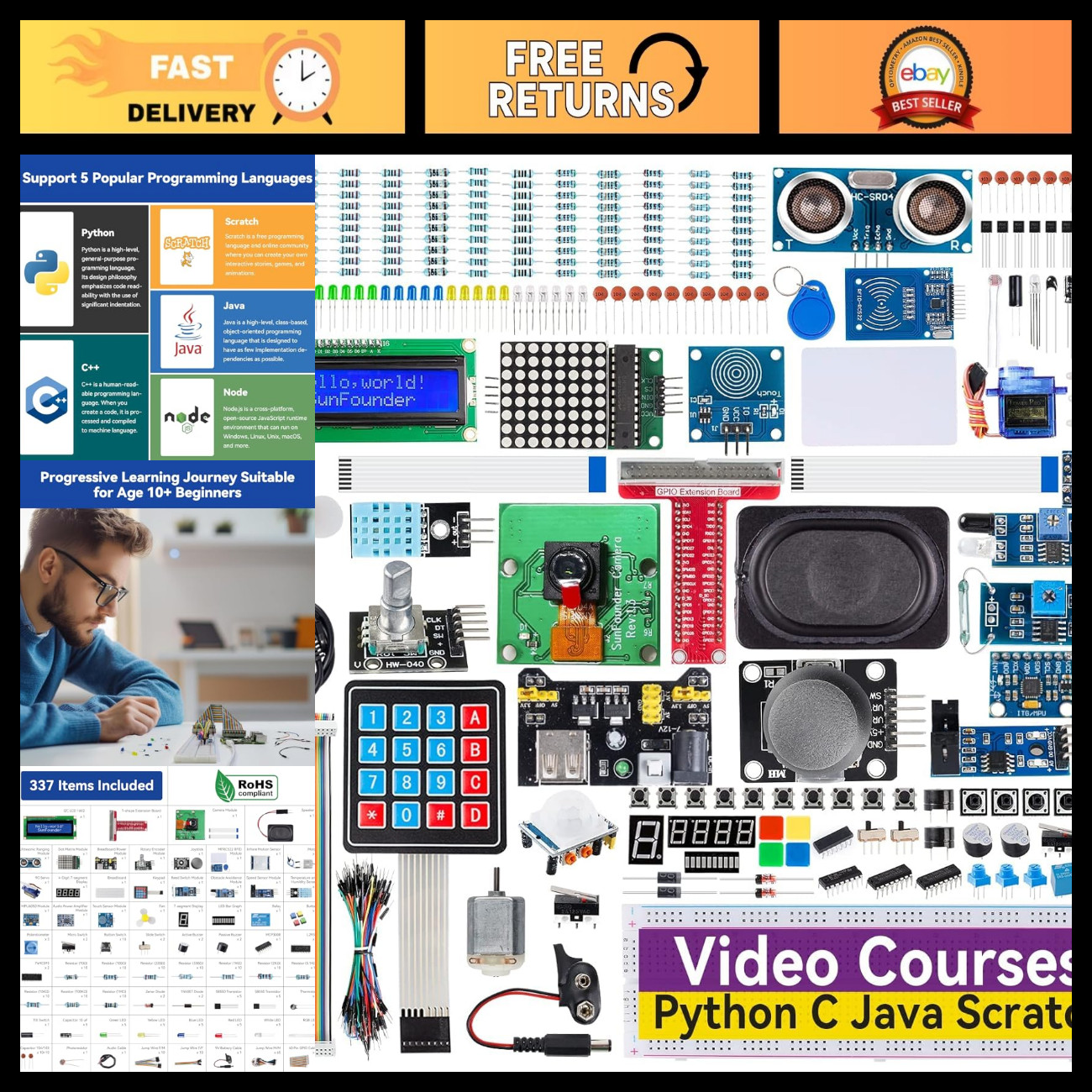 Ultimate Raspberry Pi Starter Kit - Compatible with 5, 4B, 3B, Zero 2 W, Python,