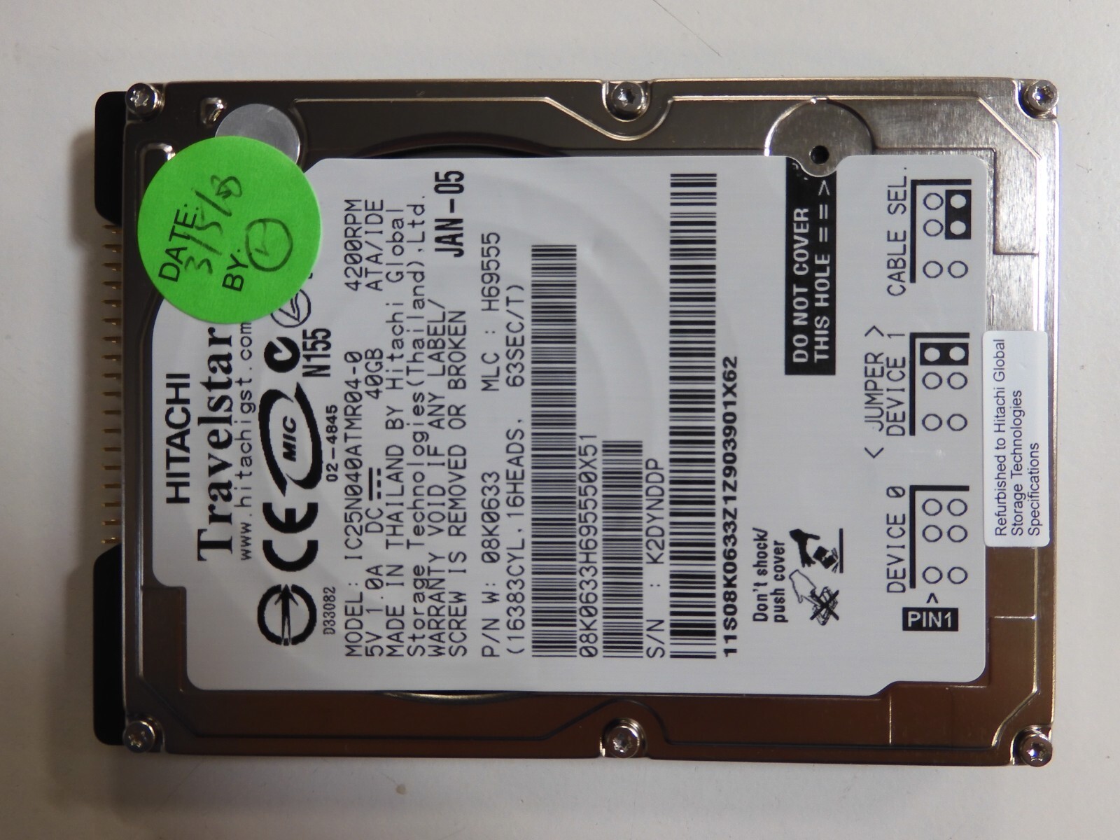 Hitachi IBM 08K0633 IC25N040ATMR04 40GB Internal 4200RPM 2.5" HDD 80GN