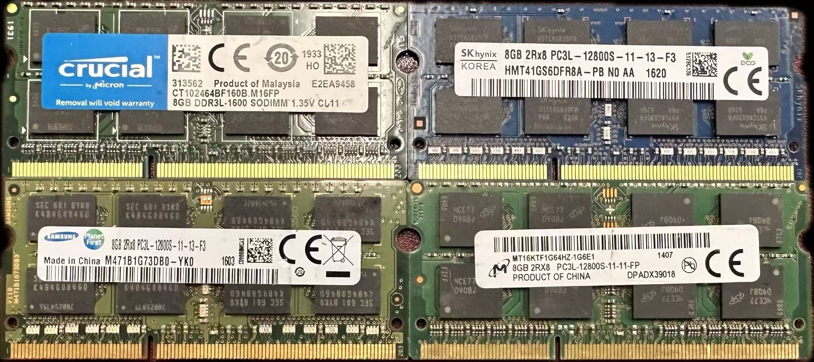 Crucial/Micron/SK Hynix/Samsung 8GB DDR3 12800S/1600 SODIMM Laptop Ram