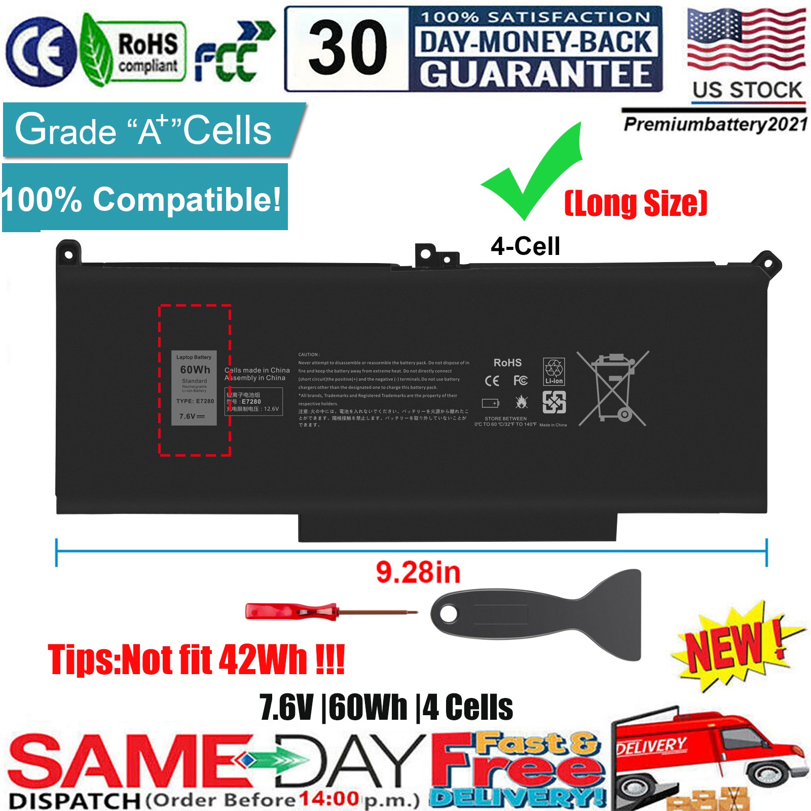 ✅F3YGT Battery For Dell Latitude 12 13 14 E7280 E7480 7480 7490 7380 7390 DM3WC
