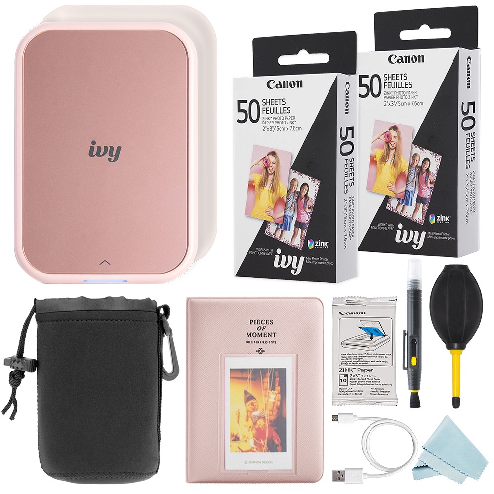 Canon IVY 2 Mini Smartphone Photo Printer Blush Pink+ 100 Sheet Accessory Bundle