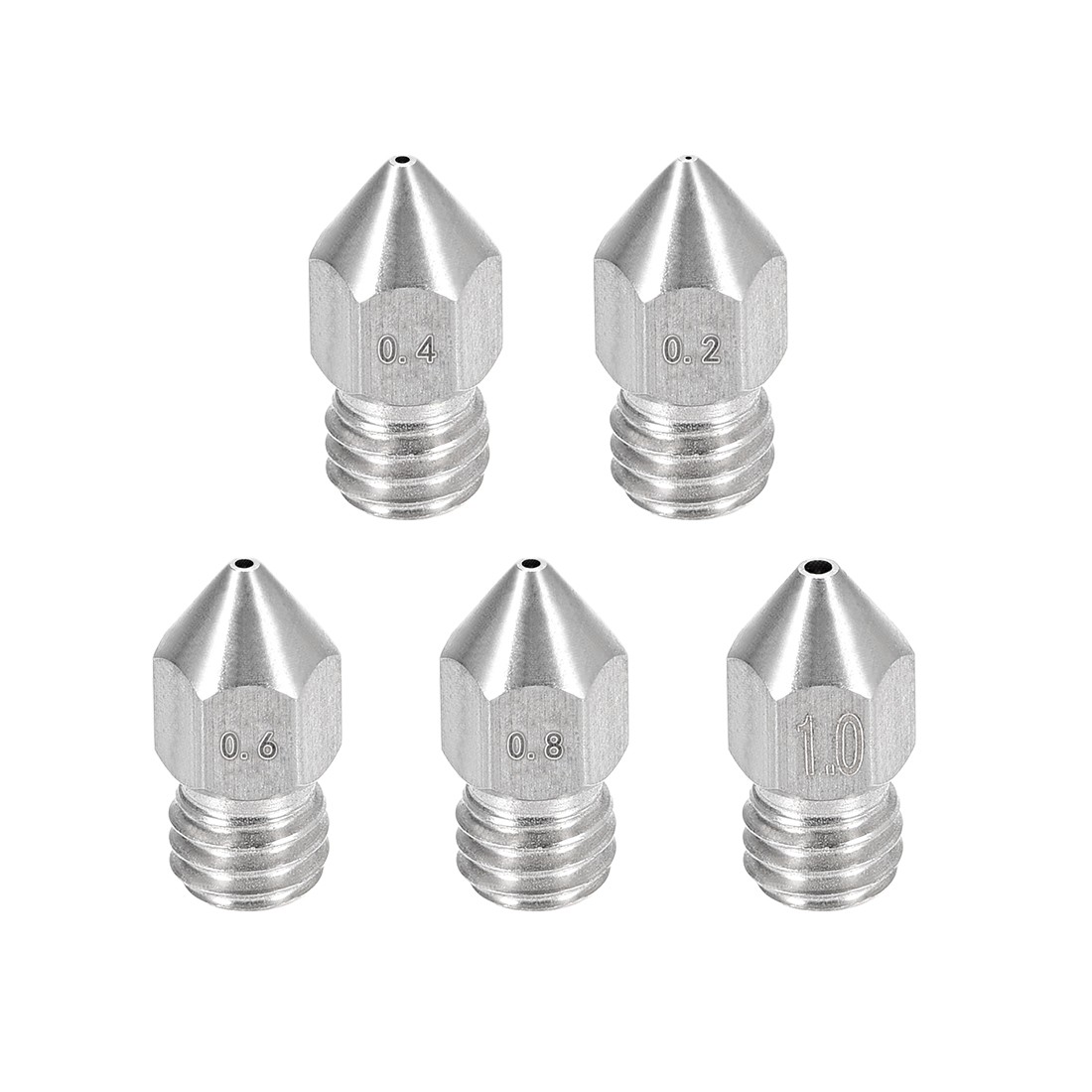 5PCS 3D Printer Nozzle Fit for MK8, Stainless Steel 0.2mm - 1mm Total