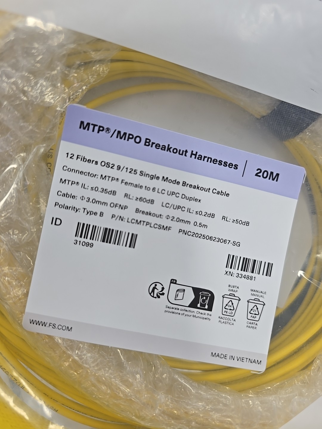 20 Meters 12 FIBER 9/125 SINGLE Mode  Breakout Cable OS2 Female To 6LC UPC