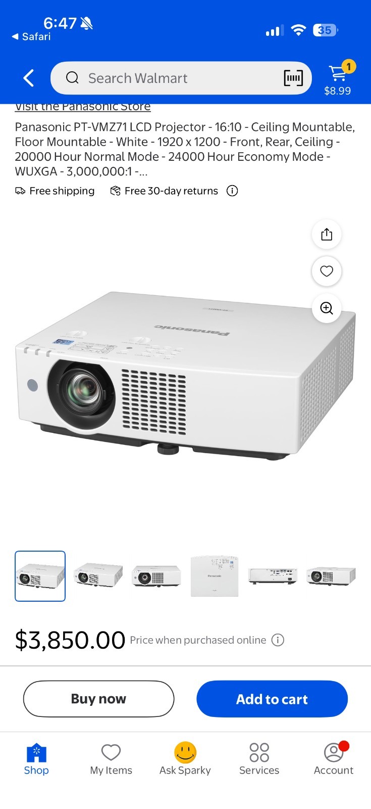 Panasonic PT-VMZ71 U7 Projector 7,000-LUMEN, White