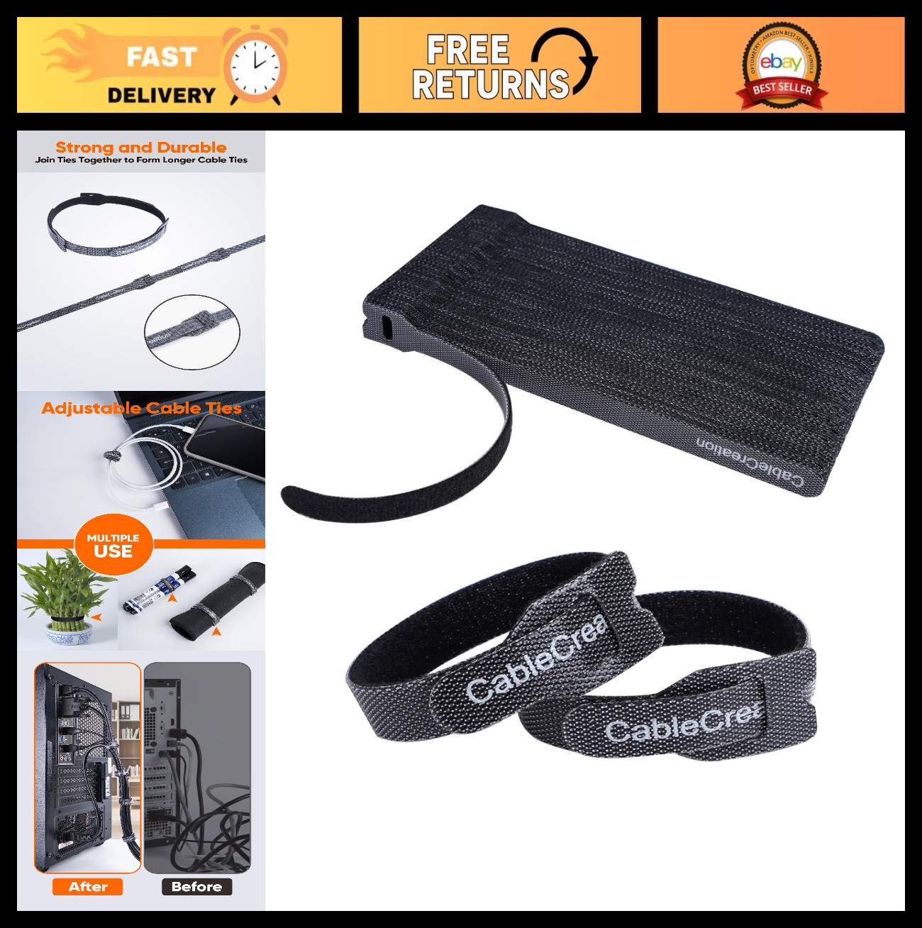 100PCS Reusable Cable Ties - 6-Inch Adjustable Nylon Cord Organizer, Hook & Loop