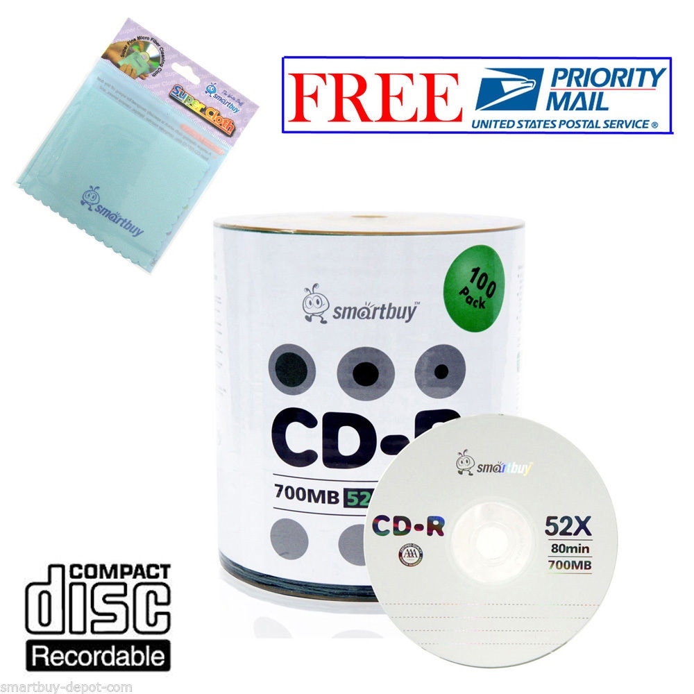 100 Pack Smartbuy Logo 52X CD-R 700MB 80Min Record Disc + FREE Micro Fiber Cloth