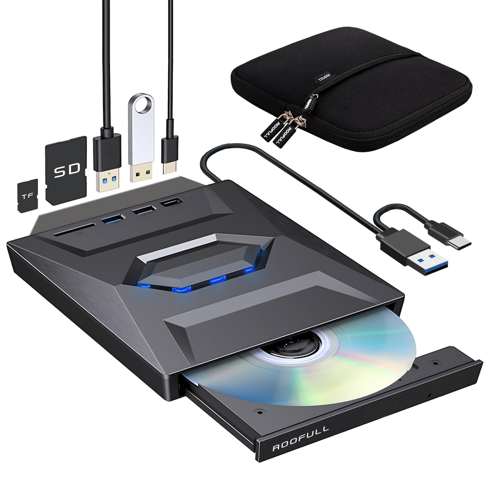7 In 1 External CD/DVD Drive USB 3.0/TypeC Hub SD Reader +/RW Burner