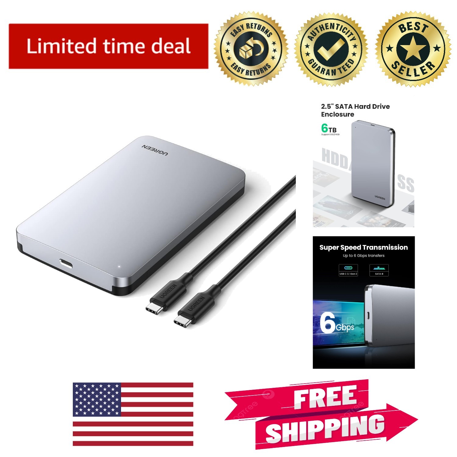 Versatile Aluminum USB C Hard Drive Enclosure, 2.5" SATA SSD, 6TB Capacity