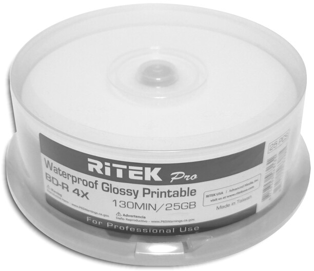 50-Pak RITEK PRO Waterproof GLOSSY White Inkjet Hub 25GB 4X Blu-ray BD-R’s