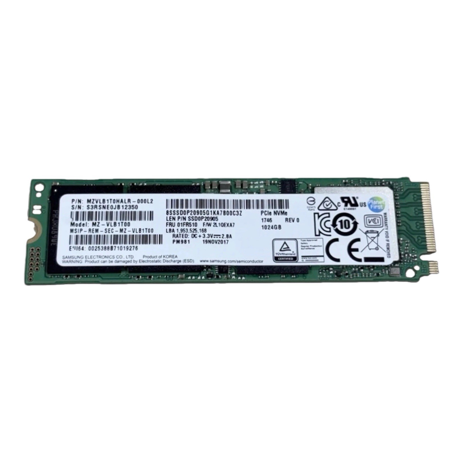 Samsung 1TB SSD PM981 M.2 2280 PCIe Gen3 NVMe SSD Solid State Drive MZ-VLB1T00