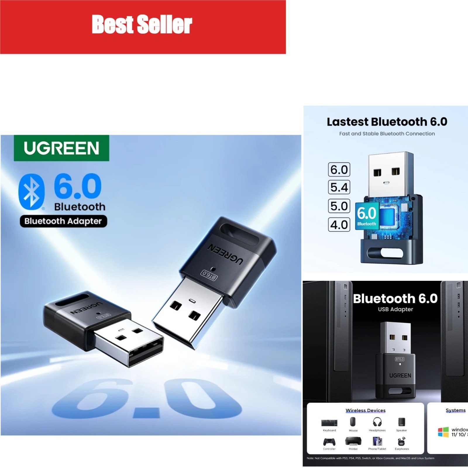 UGREEN USB Bluetooth 6.0 Adapter Dongle for Windows PC Keyboard Mouse