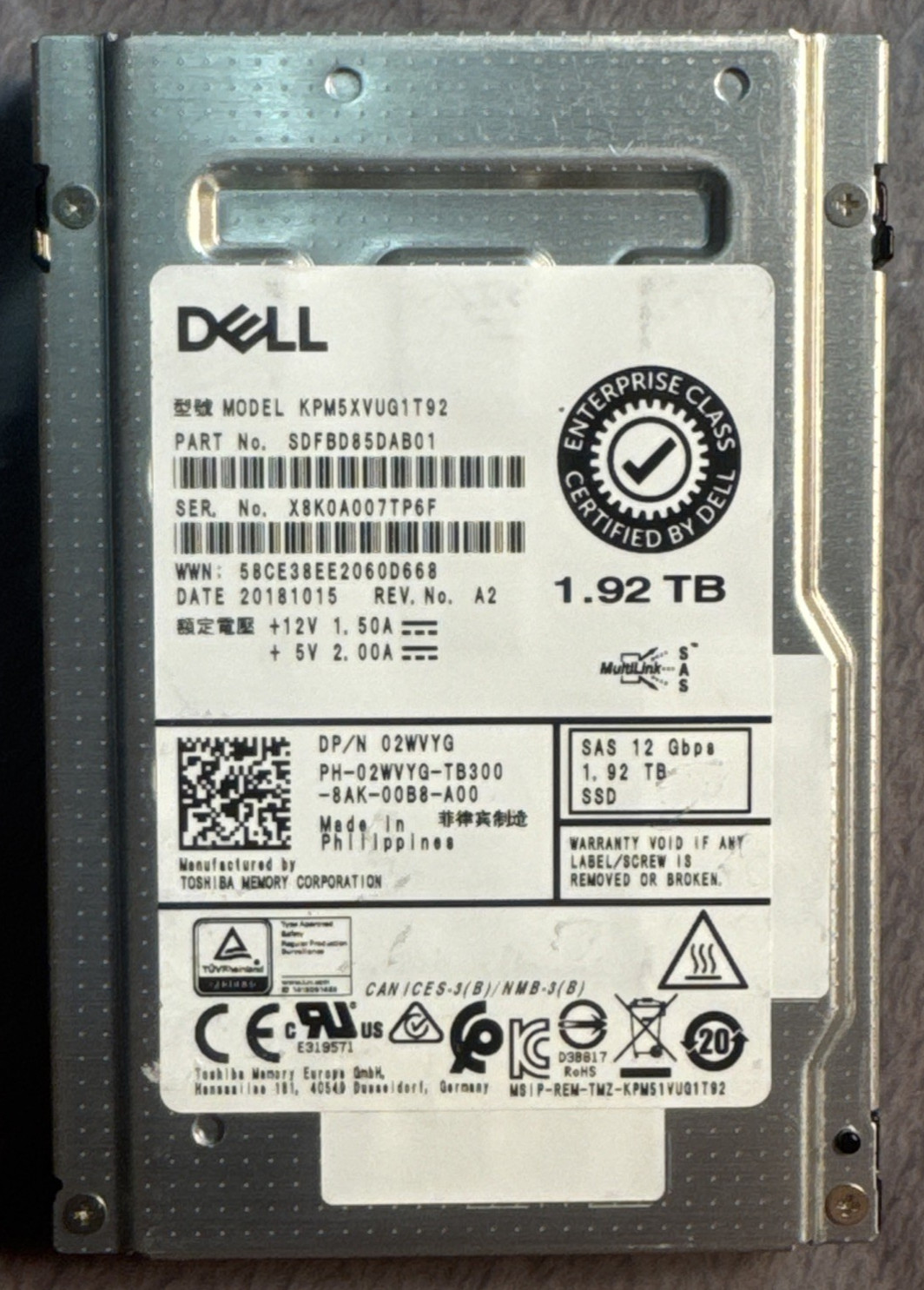 Dell 1.92TB 12Gbps 2.5" SAS Used SSD 2.5" KPM5XVUG1T92 02WVYG 2WVYG