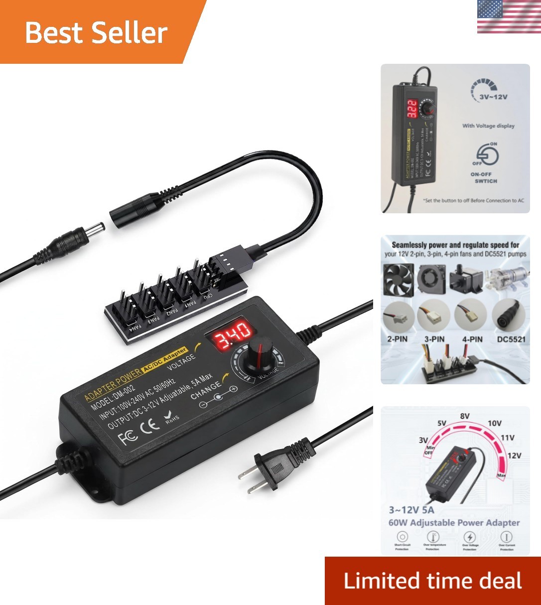 60W 12V PC Fan Speed Controller, AC Plug Adapter with 5X 4Pin Hub